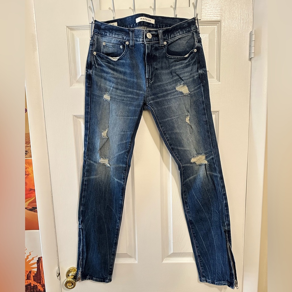 PACSUN Dark Ripped Zipper Skinny Jeans Men’s Size 29x30 Denim Blue